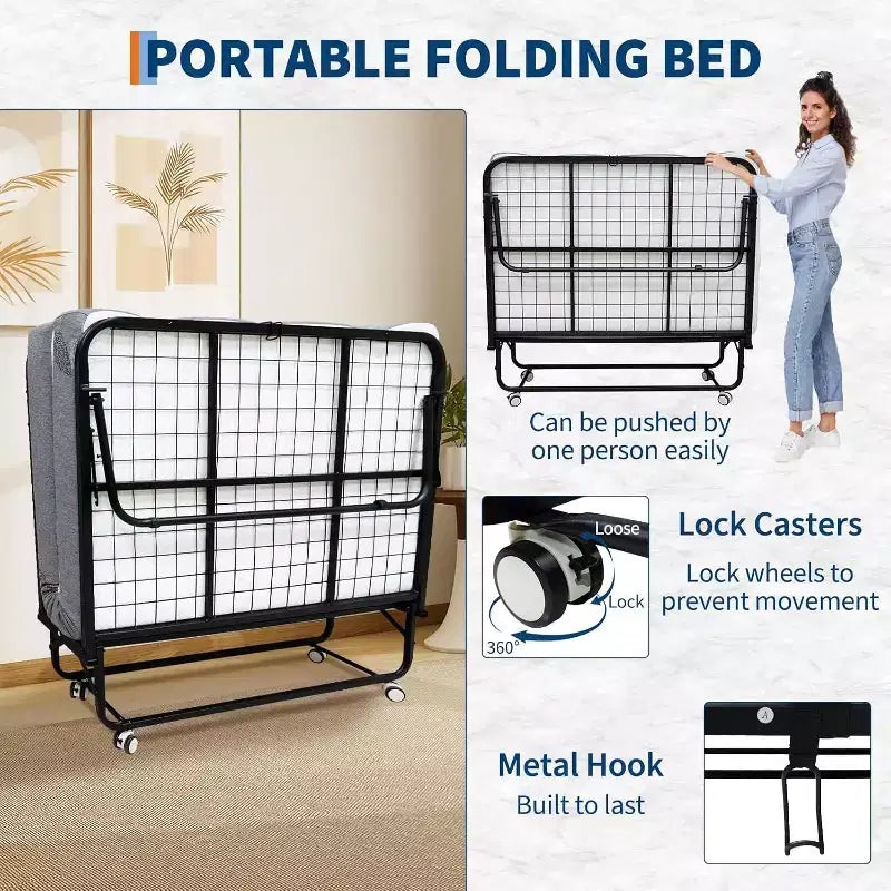 Klappbett mit Matratze für Erwachsene, tragbares Gästebett auf Rollen, faltbares Metallgestell-Bett mit 5-Zoll-Memory-Foam-Matratze und seitlicher Aufbewahrungstasche