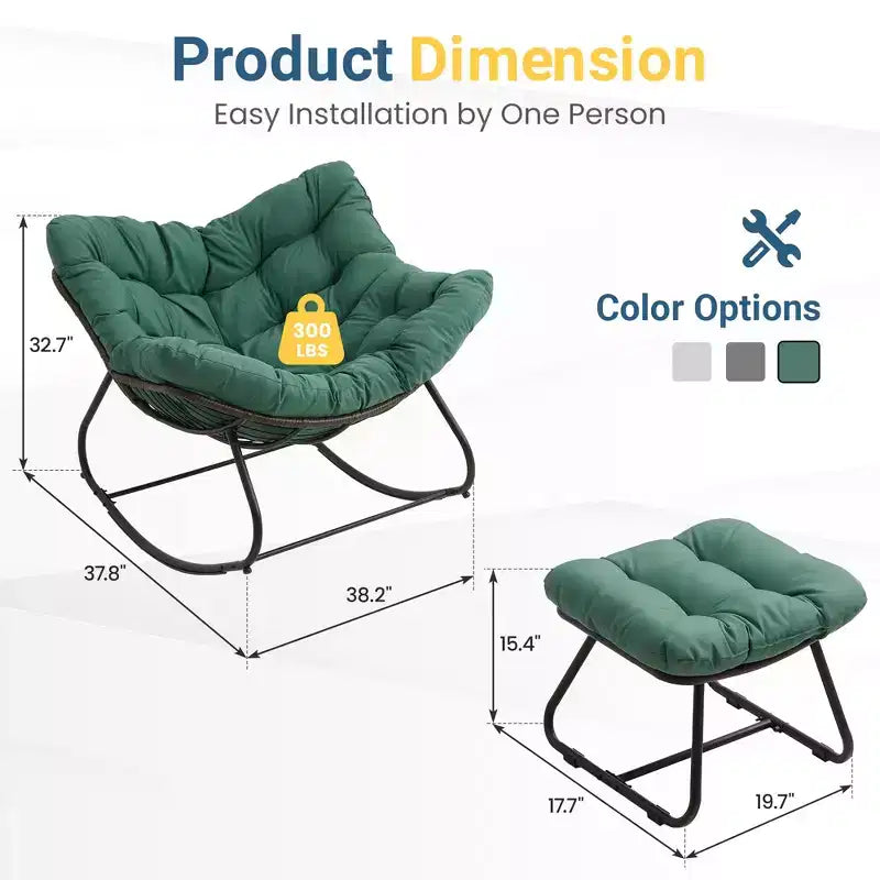 Heynemo Terrassen-Schaukelstuhl mit Hocker, Eiformiger Schaukelstuhl für drinnen und draußen mit Kissen, Überdimensionaler Papasan-Loungesessel aus Metall, Lesesessel