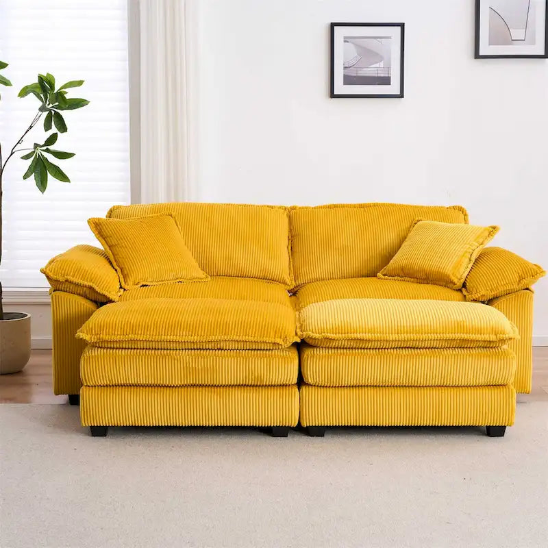 Modernes 2-Sitzer-Sofa aus Cord mit 4 Stützkissen und 2 Hockern