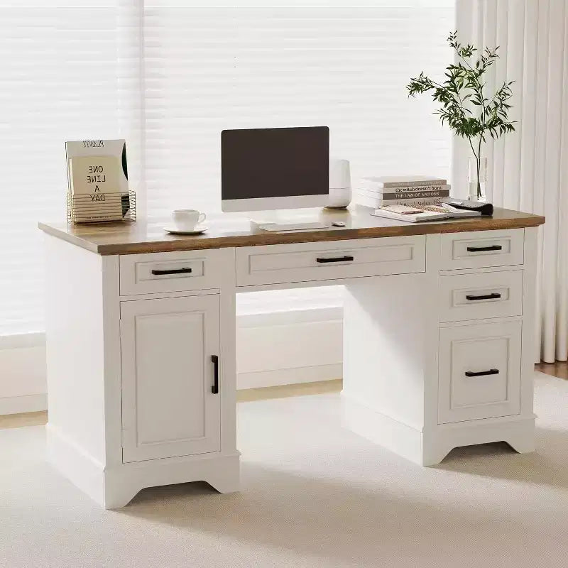 Landhaus-Schreibtisch für das Homeoffice mit Stauraum, Schreibtisch aus Holz mit 5 Schubladen & Schrank, rustikaler Computertisch für Wohnzimmer, Schlafzimmer und Arbeitszimmer