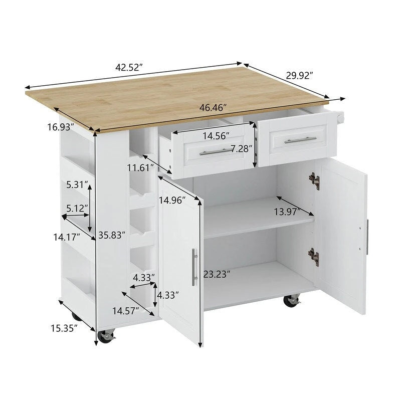 Grondin Multifunktionale Kücheninsel-Servierwagen mit klappbarer Arbeitsplatte aus Massivholz, 2 Türen, 2 Schubladen, Weinregal und Gewürzregal