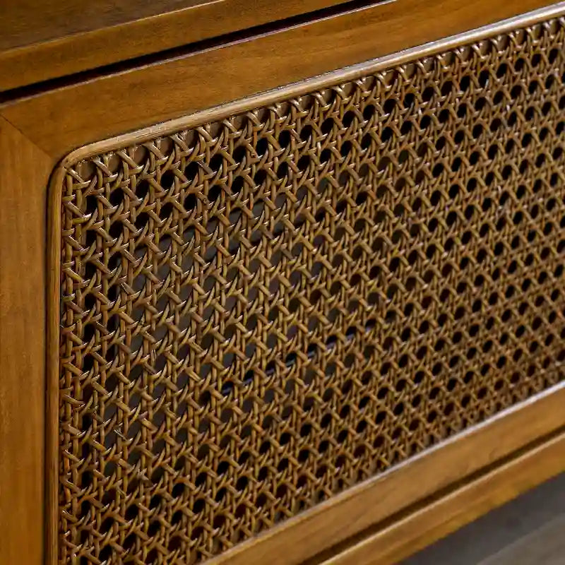 Vintage Rattan TV-Schrank mit 2 Staufächern und 4 Holzbeinen für Wohnzimmer, Schlafzimmer und Büro