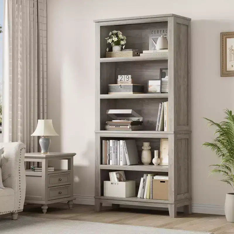 GustoWave 71 Zoll hohes Bücherregal mit verstellbaren Böden, 31,5 Zoll breit, Holzregal mit 5 Ebenen im Landhausstil, Vintage-Bücherregal