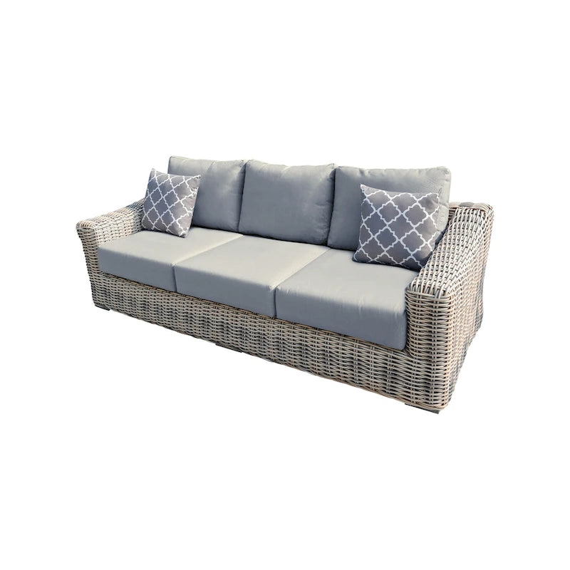 Teva Hawaii Dreifarbiges Gartenmöbel-Sofa aus Korbgeflecht in Grau/Cremeweiß/Beige mit Kissen