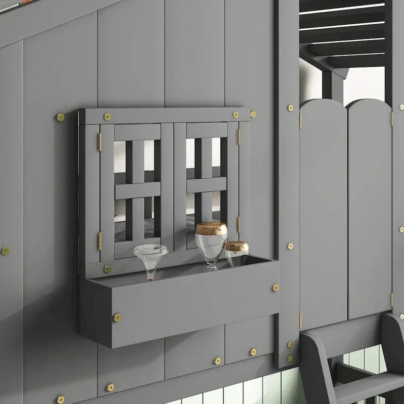 Etagenbett „Haus“ für zwei, mit Dach, Fenster, Blumenkasten und Tür, inklusive Sicherheitsgeländern und Leiter, Grau
