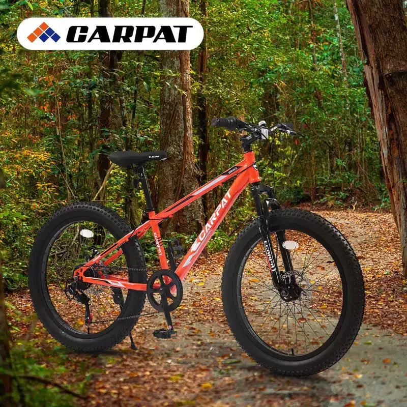 Okak 24-Zoll-Fatbike mit Vordergabel-Federung, 7-Gang-Mountainbike mit Scheibenbremsen und Rahmen aus kohlenstoffreichem Stahl, Trailbike für den täglichen Arbeitsweg