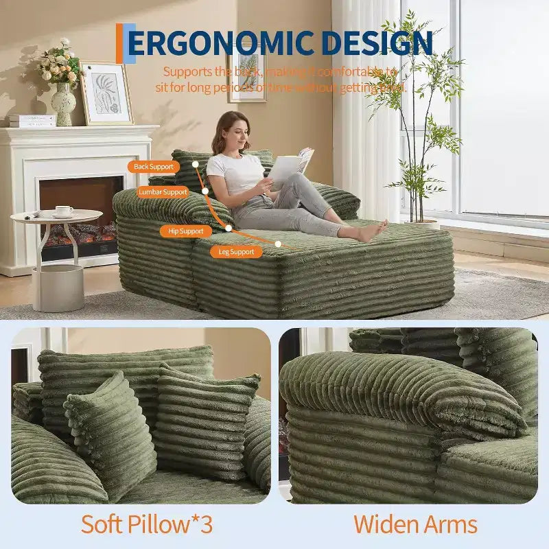 Übergroßes Chaiselongue-Sofa, Cord-Schlafsofa mit Kissen und breiten Armlehnen für Wohnzimmer, Schlafzimmer und Heimkino