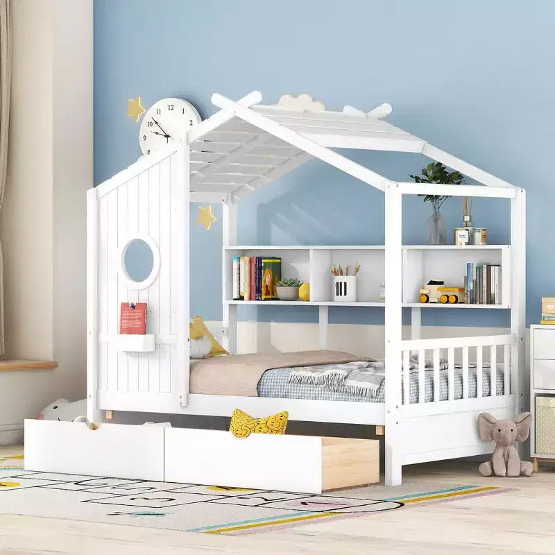Whisen Hausbett für Kinder in Einzelbettgröße, Spielhausbett mit 2 Schubladen und Ablagefach