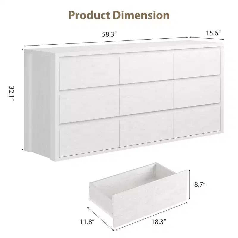 Kommode mit 9 Schubladen für das Schlafzimmer, breiter moderner Schubladenschrank aus Holz mit großem Stauraum, Holzkommode für Wohnzimmer, Flur und Eingangsbereich
