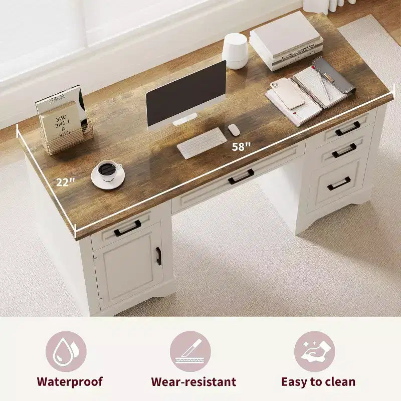 Landhaus-Schreibtisch für das Homeoffice mit Stauraum, Schreibtisch aus Holz mit 5 Schubladen & Schrank, rustikaler Computertisch für Wohnzimmer, Schlafzimmer und Arbeitszimmer