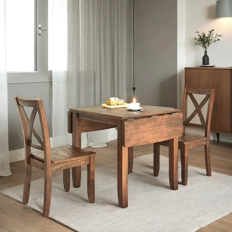 3-teiliges Essgruppe-Set aus Holz mit klappbarem Frühstückstisch und 2 X-Back-Stühlen für kleine Räume