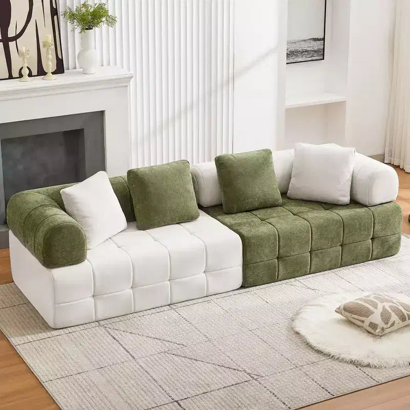 280 cm breites, modulares 4-Sitzer-Sofa aus Chenille im Colorblock-Design mit geschwungenen Armlehnen