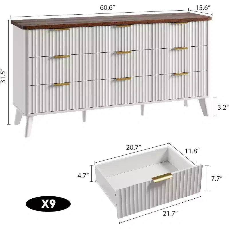 Geriffelte 9-Schubladen-Kommode, 60,6 breite Holzkommode mit tiefem Stauraum, für Schlafzimmer, Wohnzimmer oder Flur