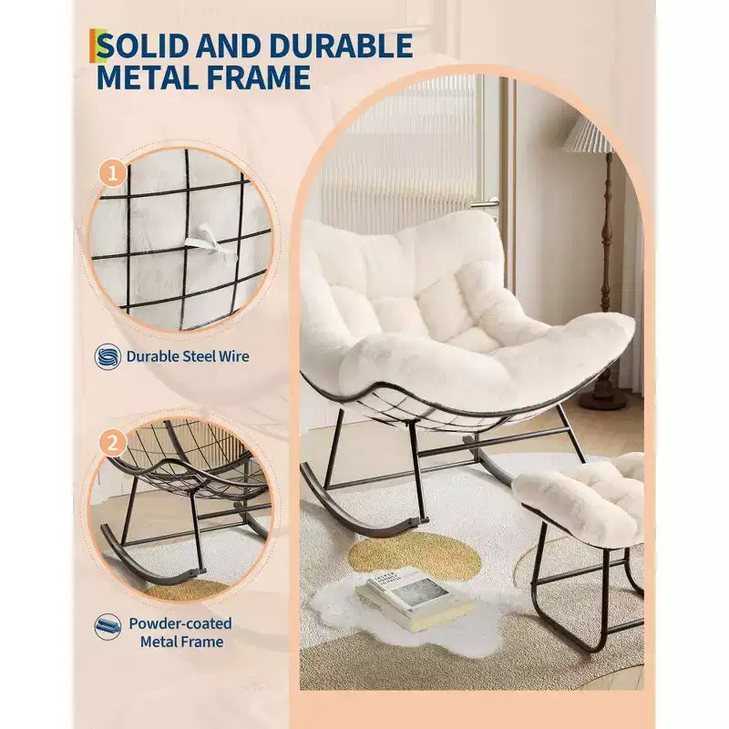 Übergroßer Papasan-Schaukelstuhl mit Ottomane und weichem Plüschkissen, Lounge-Sessel mit Fußstütze und stabilem Metallrahmen, Eier-Schaukelstuhl für das Wohnzimmer