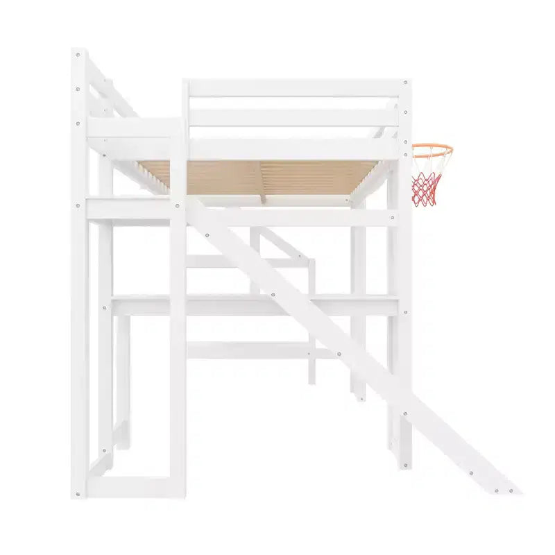 Luxystar Komplettes Hochbett aus Holz mit Schreibtisch, Rutsche, Basketballkorb und Aufbewahrungstreppe für Kinder und Jugendliche