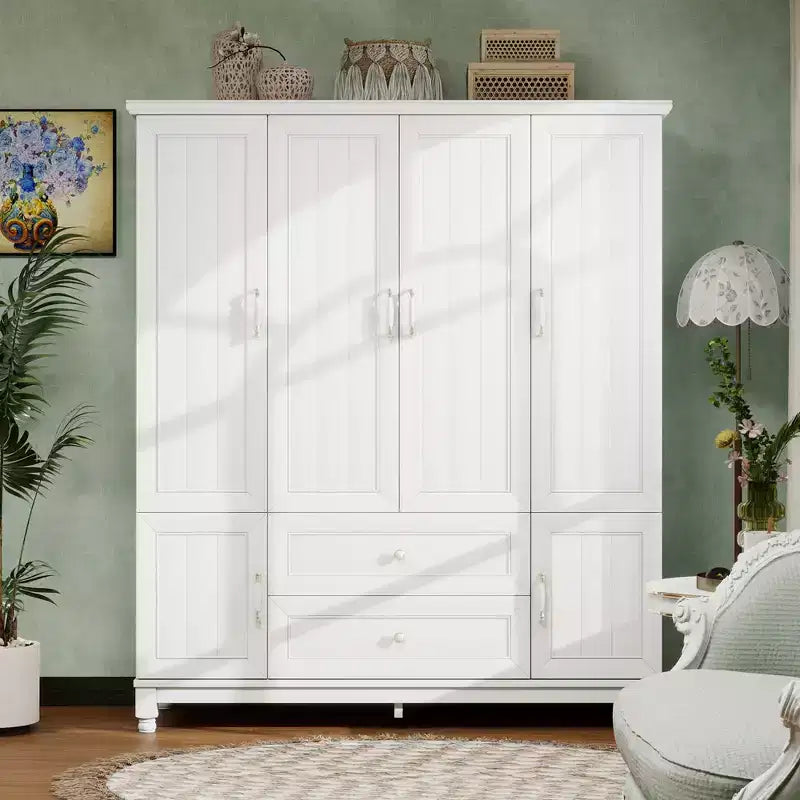 Weiße Holz-Kleiderschrank, 156 cm, mit 2 Schubladen, Kleiderstange und Einlegeböden