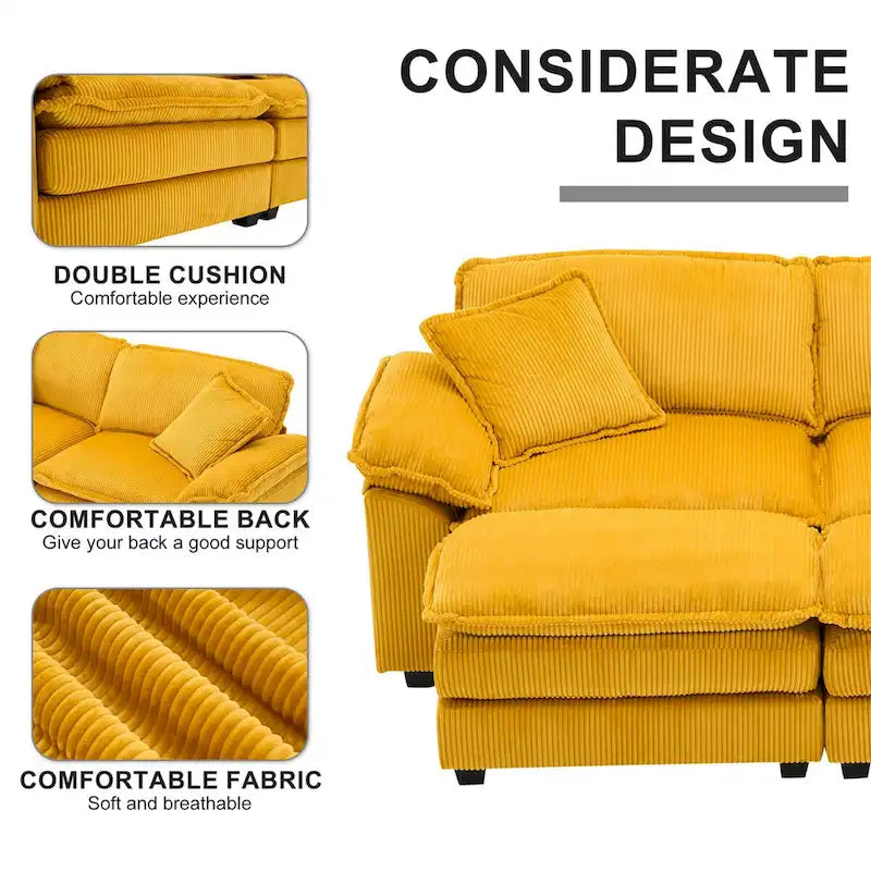 Modernes 2-Sitzer-Sofa aus Cord mit 4 Stützkissen und 2 Hockern