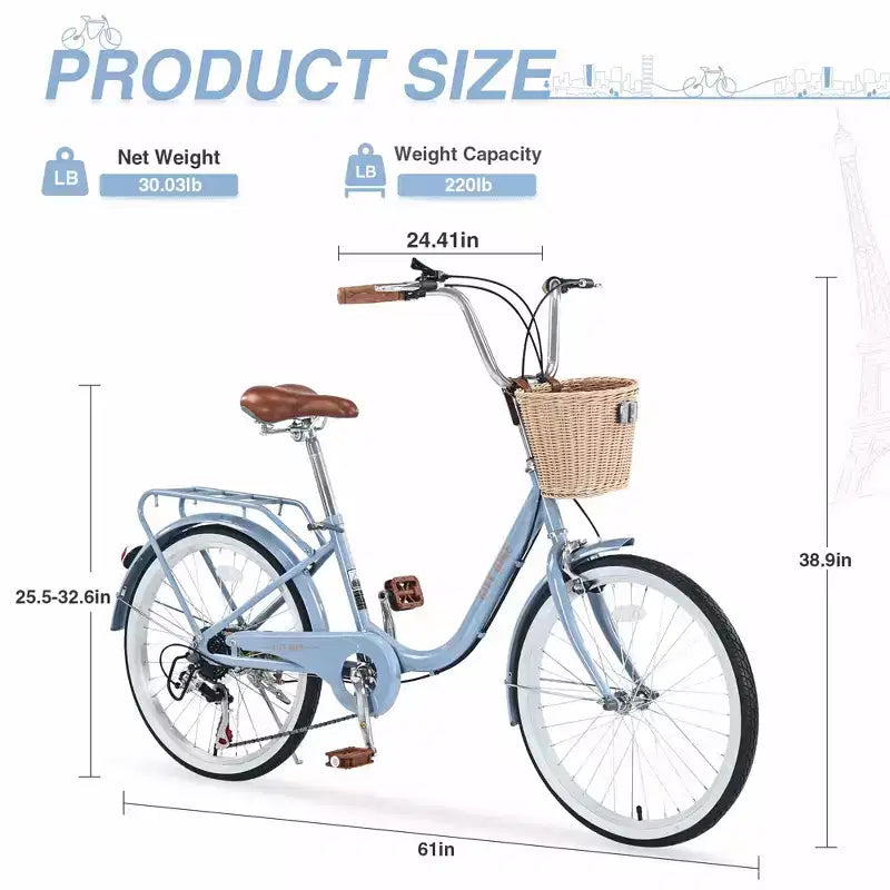 Okak 22-Zoll-Cruiser-Fahrräder mit Frontkorb, Mädchenfahrrad mit Stahlrahmen, V-Bremse und Komfortsattel, Fahrrad für Mädchen und Frauen