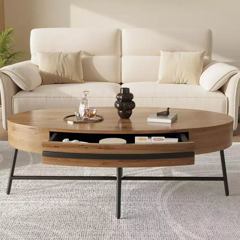 Ovaler Couchtisch mit Schublade, Mid-Century Modern Wohnzimmertisch 120 cm, Holztisch mit Stauraum und gekreuzten Metallbeinen, geschwungenes Design