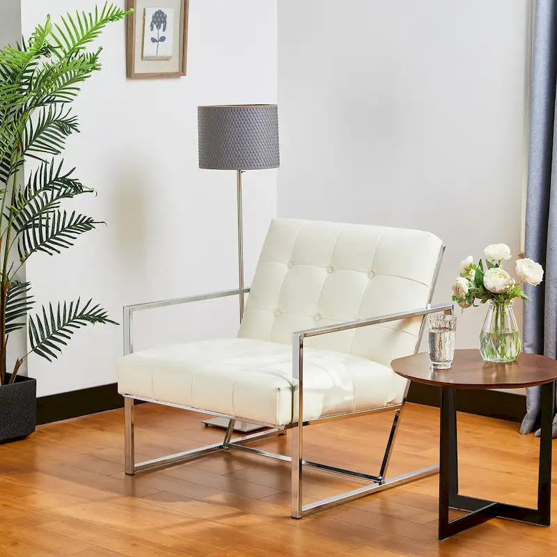 Glitzhome 77,5 cm hoher Mid-Century Akzentstuhl in Creme, PU-Leder mit Knopfheftung und verchromtem Gestell