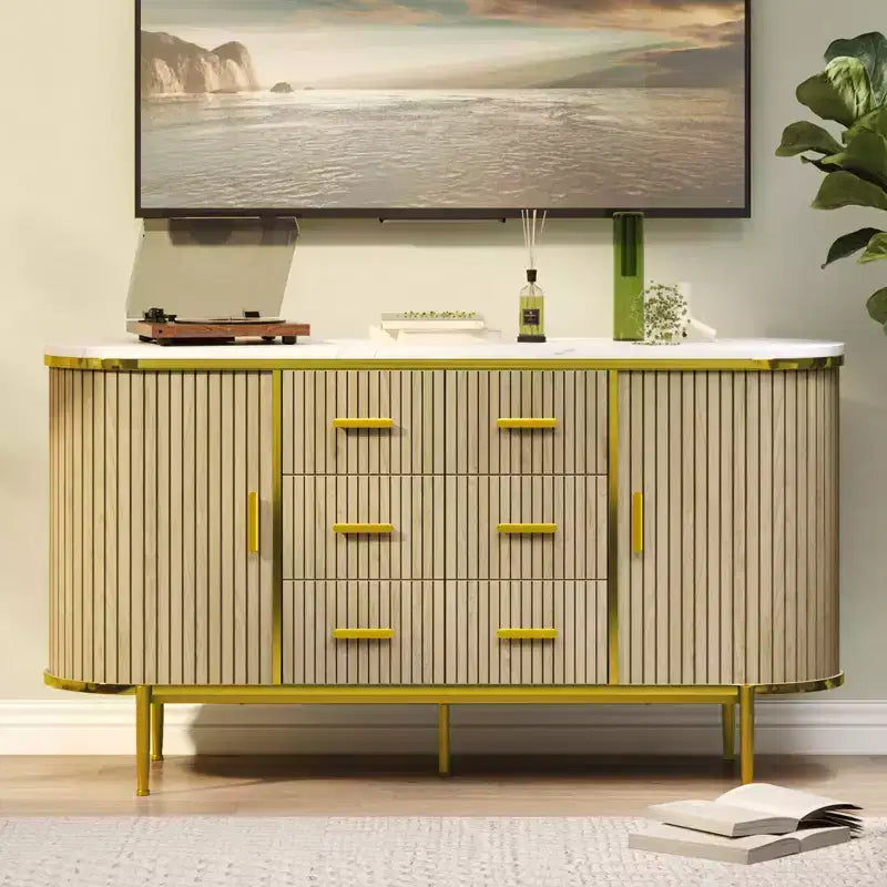59-Zoll-Sideboard im Landhausstil mit geriffelter Front, TV-Lowboard mit 6 Schubladen und 2 Schiebetüren, vielseitiger Aufbewahrungsschrank fürs Wohnzimmer