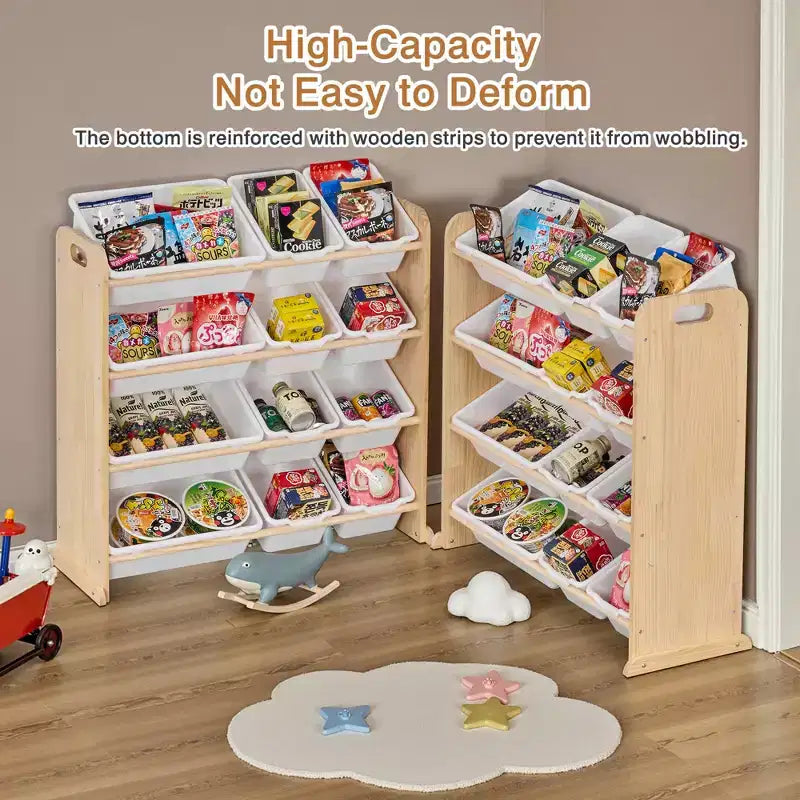 VECELO Kinder-Bücherregal mit Spielzeugaufbewahrung und 12 Körben, Spielzeugregal aus Holz für Kleinkinder, geräumige Spielzimmeraufbewahrung für Bücher oder Spielzeug