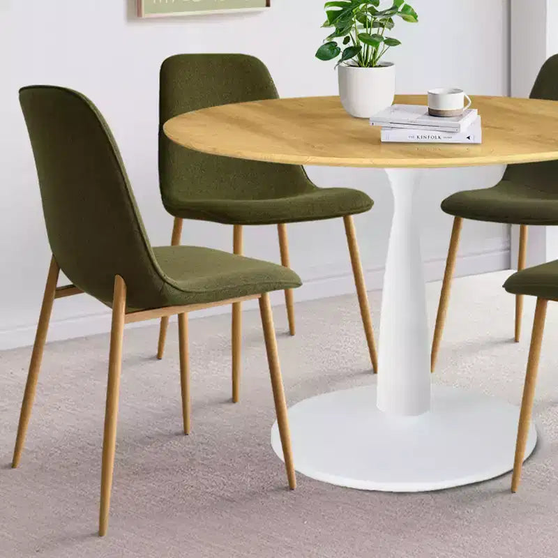5-teiliges Esszimmerset, runder 37-Zoll-Tisch mit Säulenfuß und Holzoptik-Platte sowie gepolsterten, geschwungenen Stühlen, moderner Stil – Panipeachy