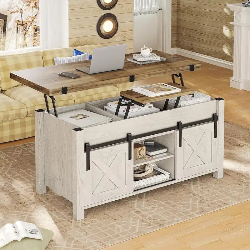 Couchtisch mit Hubplatte, 2 Schiebetüren im Scheunentor-Design und Stauraum, Esstisch