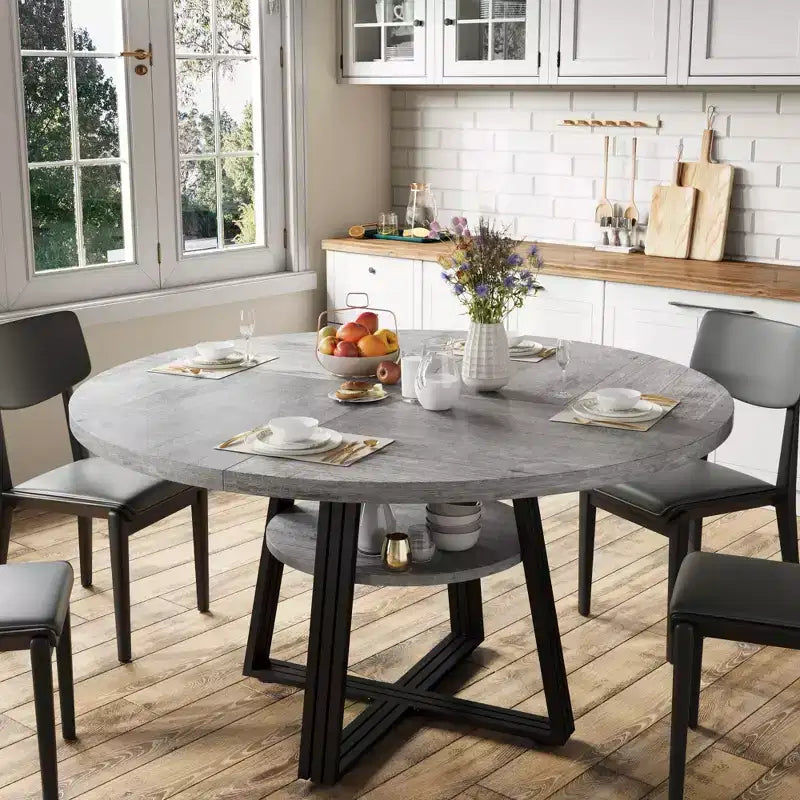 Runder Esstisch für 4-6 Personen, 47 Küchen-Esstisch mit Ablagefach, Holztisch mit Metallgestell für Zuhause und Wohnzimmer, ohne Stühle