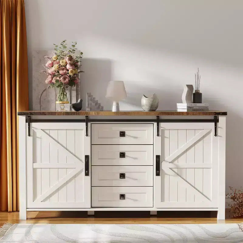 SinCiDo Farmhouse 60-cm-Schminktisch mit verschiebbarer Scheunentür und 4 Schubladen, Schubladenschrank für Wohnzimmer, Schlafzimmer und Kaffeebar
