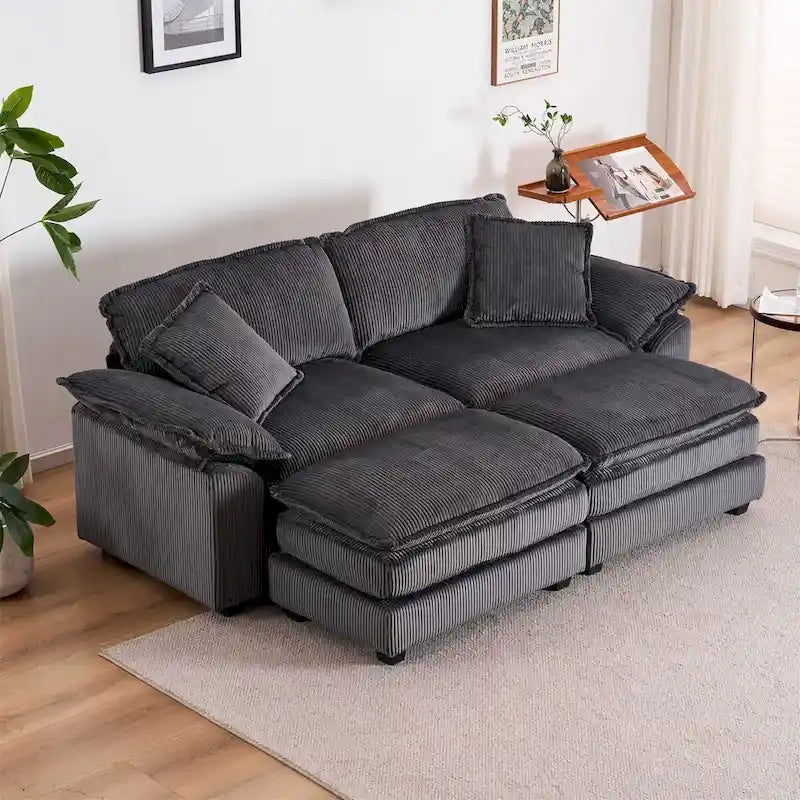Modernes 2-Sitzer-Sofa aus Cord mit 4 Stützkissen und 2 Hockern