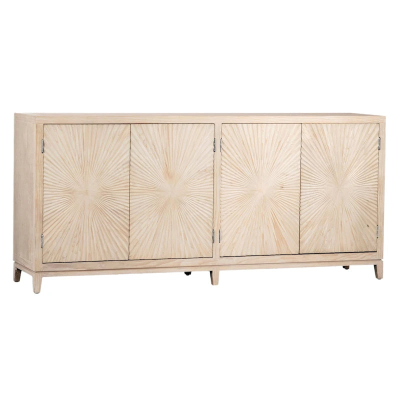 Isabelle 200 cm Sideboard aus Kiefernholz in Light Wash mit 4 Türen und handgeschnitztem Burst-Muster auf den Fronten