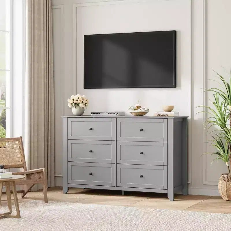 Kommode mit 6 Schubladen für das Schlafzimmer, große Kommode mit tiefen Schubladen & Metallknöpfen, modernes Holzschubladenelement für Eingangsbereich, Flur