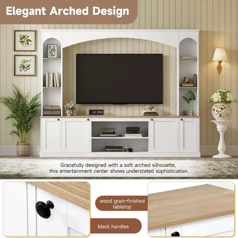 Whisen 91 Medienkonsole, gewölbte Entertainment-Center-Wandkombination im Landhausstil mit Bücherregal, Holzmaserung, für Fernseher bis zu 70 Zoll