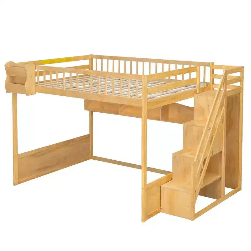 Queen-Hochbettgestell mit Treppe, Kleiderschrank & Regalen - MDF, 650 lb