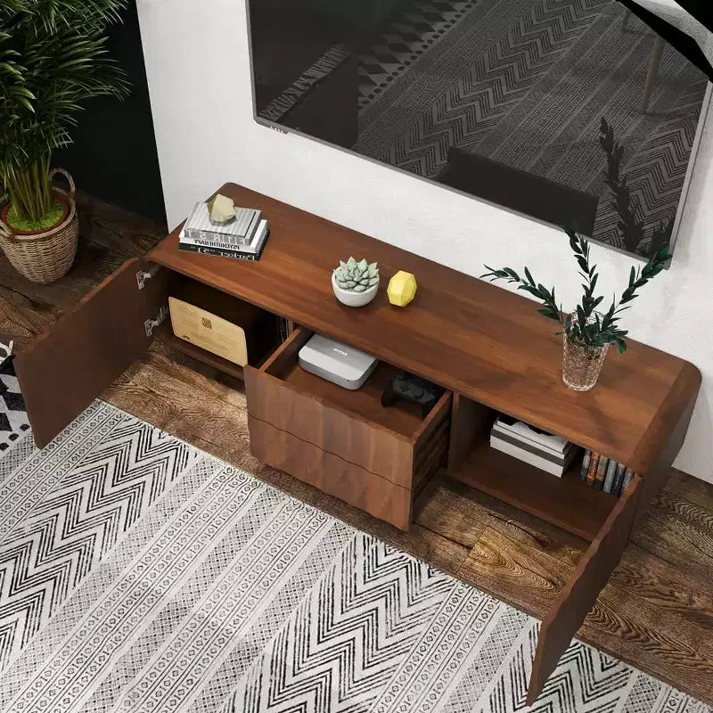 JVNOXK 58-Zoll-TV-Board, Mid-Century-Spiralwellendesign, mit Stauraumschrank und zwei Schubladen, geeignet für Wohnzimmer oder Schlafzimmer, Walnuss