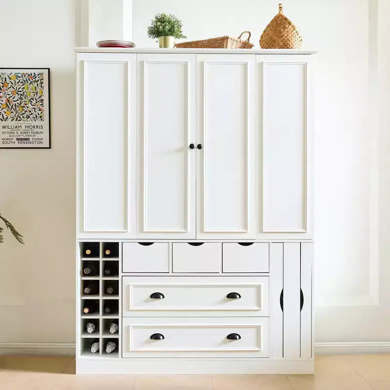 Whisen 71 Zoll hoher freistehender Küchenschrank, großer Vorratsschrank für das Esszimmer, Anrichte mit 4 Falttüren, Regalen und Weinregalen