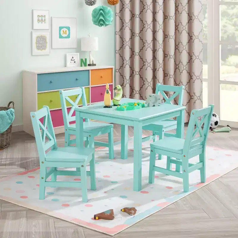 eHemco Kinder-Tisch- und Stuhlset aus massivem Hartholz (4 Stühle inklusive), 5-teiliges Set