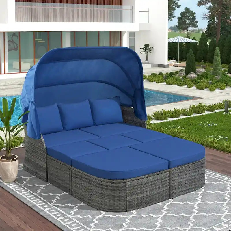 Graues Outdoor-Tagesbett aus Korbgeflecht mit Polstern und ausziehbarem Sonnendach