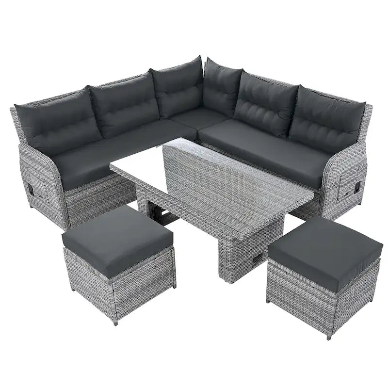 Outdoor-Rattan-Ecksofa-Set mit verstellbarem Tisch und Relaxsesseln
