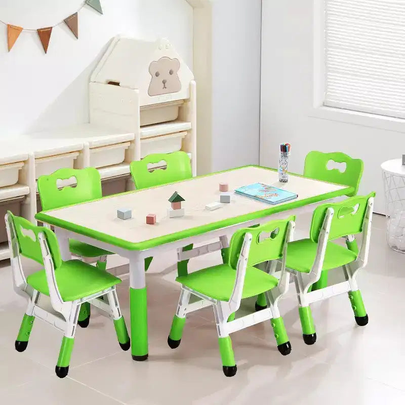 Kindertisch- und 6-Stuhl-Set, höhenverstellbarer Kindertisch und 6 Stühle für Kinder von 2–10 Jahren zum Basteln und Lernen, Tischplatte zum Beschriften, rutschfeste Tischbeine