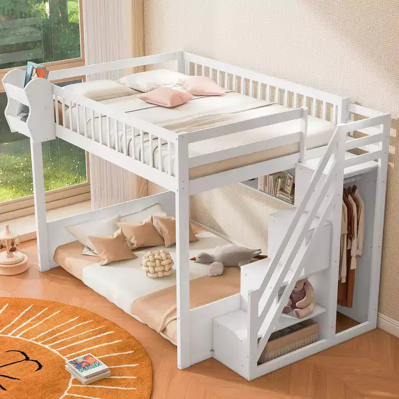 Queen-Hochbettgestell mit Treppe, Kleiderschrank & Regalen - MDF, 650 lb