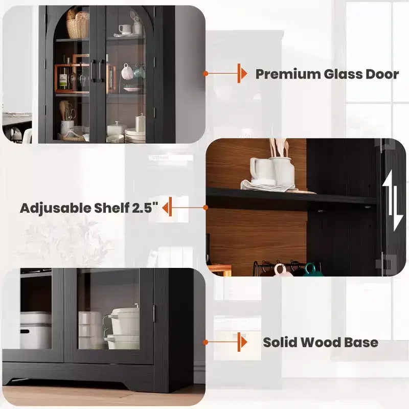 178 cm hoher Küchenschrank, moderner Vitrinenschrank mit 4 gewölbten Glastüren und verstellbaren Einlegeböden, für Küche, Wohnzimmer, Esszimmer, Badezimmer
