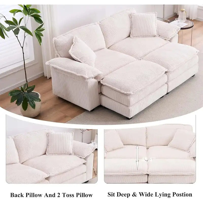 Modernes 2-Sitzer-Sofa aus Cord mit 4 Stützkissen und 2 Hockern