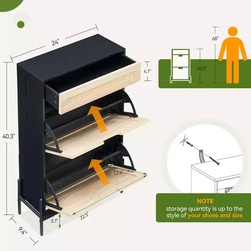 Schuhschrank für den Eingangsbereich mit 2 Klappfächern, schmaler freistehender Schuh-Organizer aus Holz, platzsparendes geschlossenes Schuhregal für Flur, Foyer, Wohnung