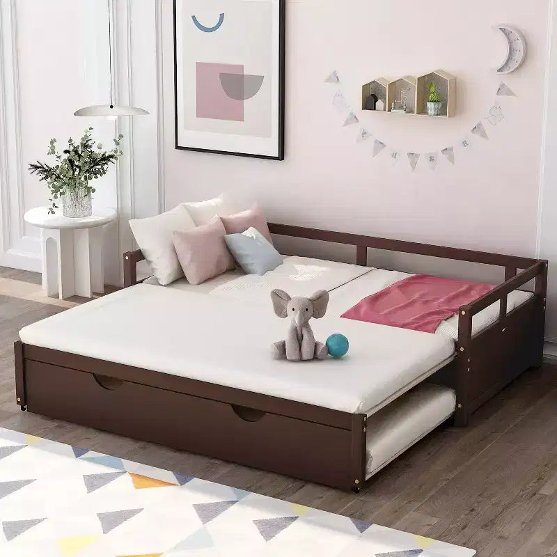Okak Twin Size ausziehbares Design-Tagesbett mit Bettkasten/Schubladen & Sicherheitsgitter, Massivholz-Plattformbettgestell für Teenager, Erwachsene