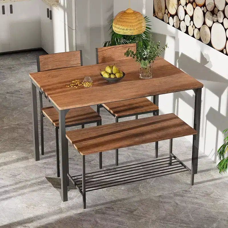 Costway 4-teiliges Esszimmertisch-Set, rustikaler Tisch, 2 Stühle & Bank mit Ablagefach