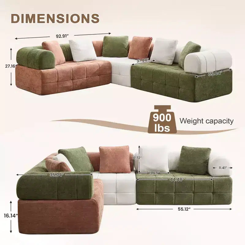 280 cm breites, modulares 4-Sitzer-Sofa aus Chenille im Colorblock-Design mit geschwungenen Armlehnen
