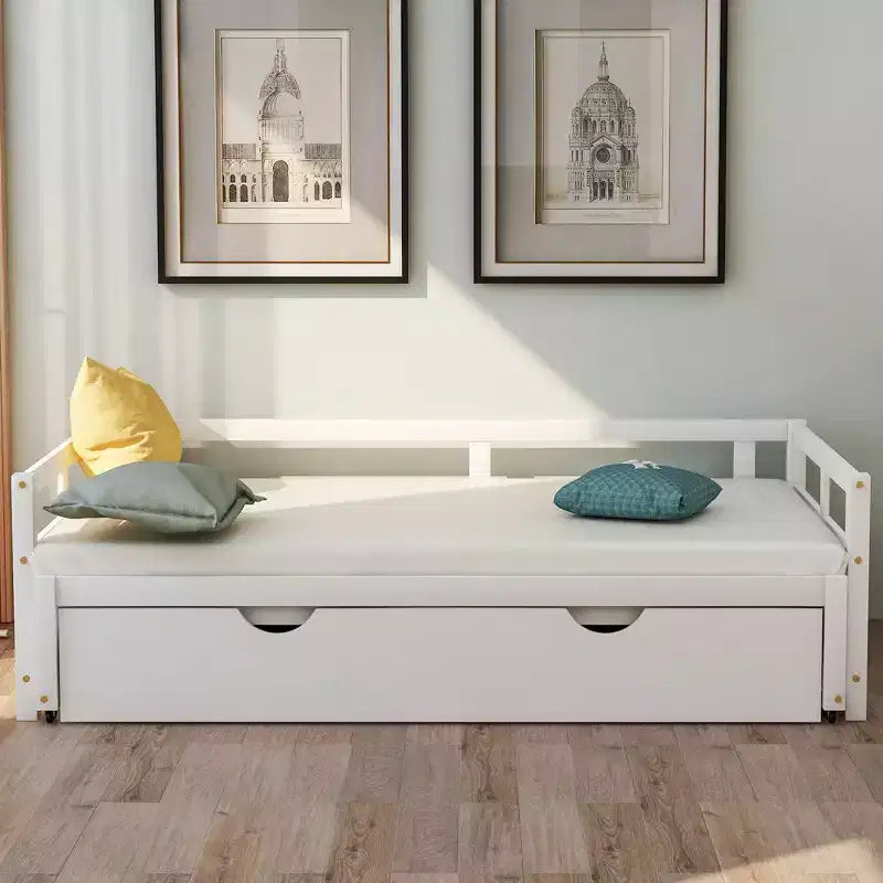 Okak Twin Size ausziehbares Design-Tagesbett mit Bettkasten/Schubladen & Sicherheitsgitter, Massivholz-Plattformbettgestell für Teenager, Erwachsene