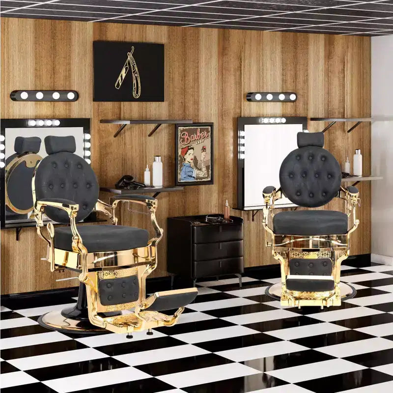 Karl Home Vintage Schwarzer Friseurstuhl mit goldenem Rahmen, schwerlastfähige Hydraulik-Rückenschaltung